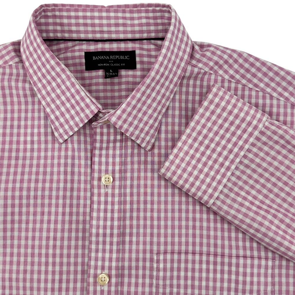 Banana Republic Mens L 16-16 1/2 34-35 Classic Fit Pink Gingham‎ Checkered Shirt